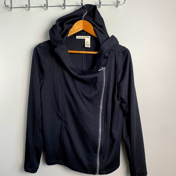 DKNY Jeans Black Off-Center Asymmetric Full Zip Performance Hooded Jacket‎ Large - Picture 1 of 15